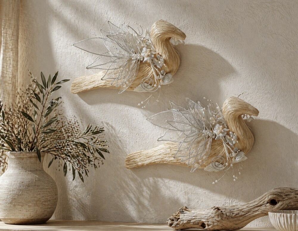 Two Handcrafted Philippines Cornhusk Palm Fiber Bird Tool Mesh Faux Pearls mesh